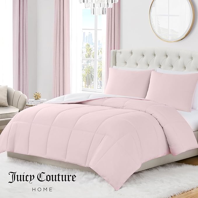 Juicy Couture Reversible Box Stitch Comforter Set, 2-Piece Twin/Twin XL – Pink Marshmallow/White – Glam Bedding Set