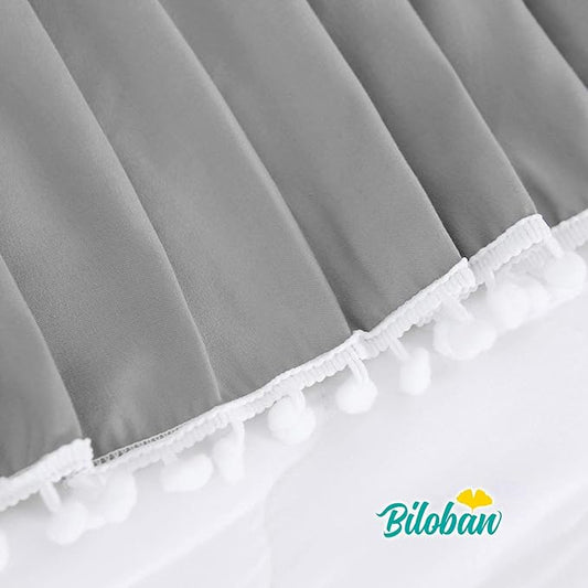 Crib Bed Skirt Grey Pleated with White Lovely Pompoms, Bedding Dust Ruffle for Boys, 14" Drop, Fit All Standard Crib Bed, Machine Wahable Crib Skirt