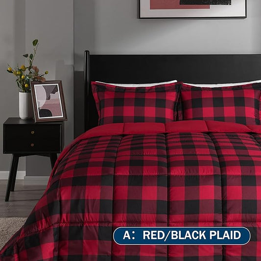 downluxe Lightweight Plaid Comforter Set (Queen) with 2 Pillow Shams - 3-Piece Set - Red/Black Plaid - Down Alternative Reversible Comforter