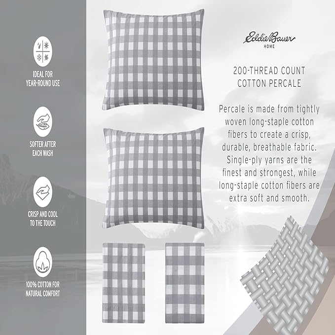 Eddie Bauer- Twin Sheet Set, Cotton Percale Bed Sheets, Crisp & Cool, Lightweight & Breathable, Dorm Essentials (Smokey Bear Camp Grey, Twin)