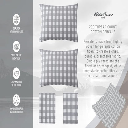 Eddie Bauer- Twin Sheet Set, Cotton Percale Bed Sheets, Crisp & Cool, Lightweight & Breathable, Dorm Essentials (Smokey Bear Camp Grey, Twin)