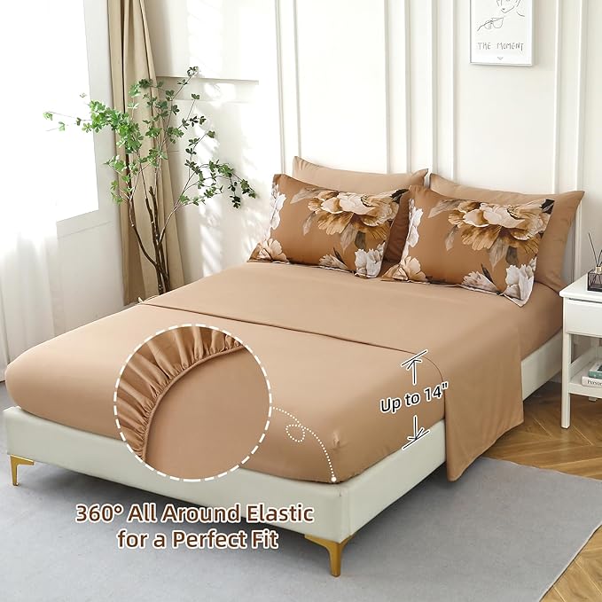 Dobuyly Brown Comforter Set Queen Size 7 Piece Bed in a Bag, Floral Printed on Brown Comforter Set with Sheets, Soft Microfiber Botanical Fall Complete Bedding Set for All Season