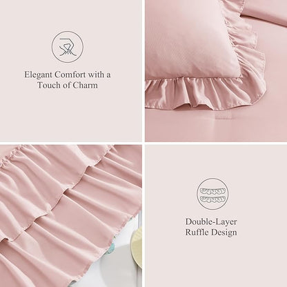 Queen Comforter Set Soft Pink, Ruffle Shabby Chic Bedding Set Farmhouse 7 Pieces, All Season Fluffy Bed in a Bag with Sheets, Pillowcases & Shams