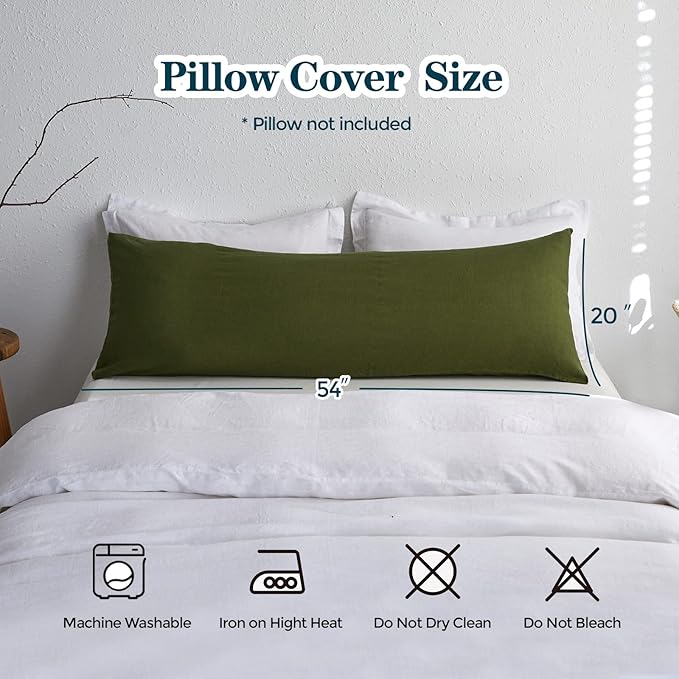 Simple&Opulence Body Pillow Cover 20" x 54",100% Pure Linen, Ultra Soft and Breathable, Body Pillowcase with Envelope Closure for Adults (Olive Green)
