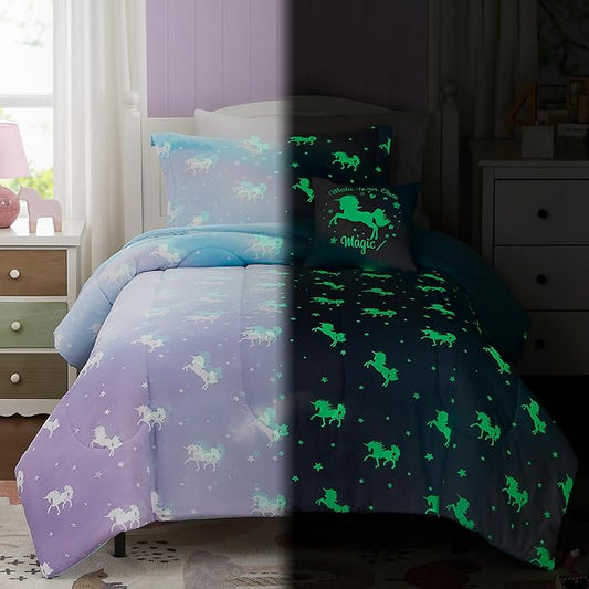 Kids Comforter Set Full Size for Girls, Glow in The Dark Unicorn Bedding Set 1 Comforter, 1 Decor Pillow, 2 Pillow Shams