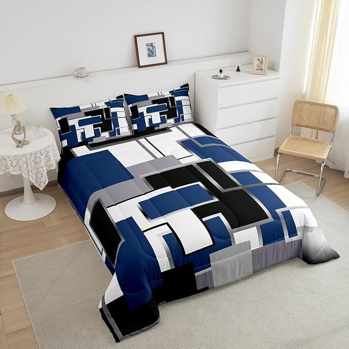 Erosebridal Blue Grey White Comforter Set for Kids Boys Girls,Geometric Bedding Set Twin Size,Watercolor Square Quilt Set,Modern Style Pattern Duvet Insert with 1 Pillowcase Home Room Decor