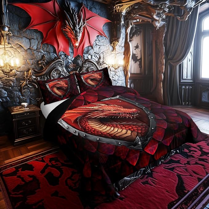 Castle Fairy Dragon Bedding Set for Boys Girls,Western Fierce Animals All Season Cozy Comforter Set Full Size,Dragon Scales Duvet Set Bedroom Decor,Festival Gifts