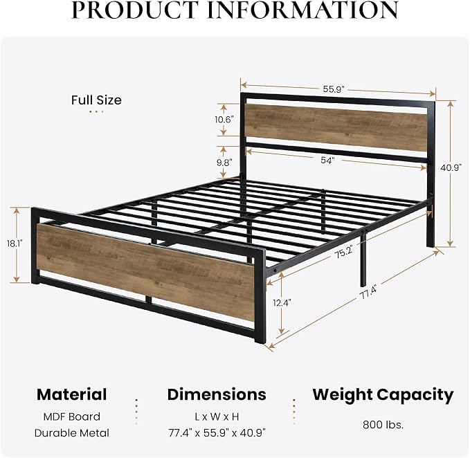 SHA CERLIN Heavy Duty Full Size Bed Frame with Modern Headboard, Brown | Platform Metal Base with Square Footboard and 13 Strong Slats Support, No Box Spring Needed