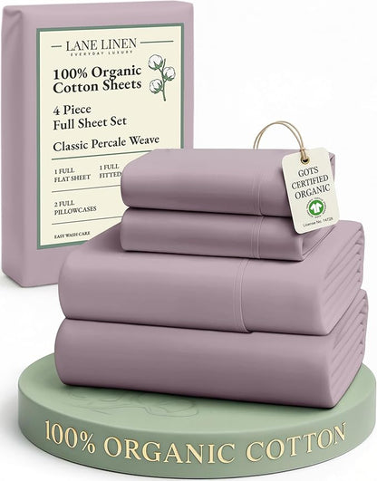 LANE LINEN Eco Friendly 100% Organic Cotton Bed Sheets Full Size, Fully Elasticized Reinforsed Seams, Machine Washable Naturally Cooling Full Sheet Deep Pocket Bedding- Lilac