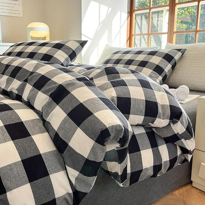 FACE TWO FACE Bedding Duvet Cover Set100% Washed Cotton Duvet Cover Linen Like Textured Breathable Durable Soft Comfy (Queen, Black and White Grid)