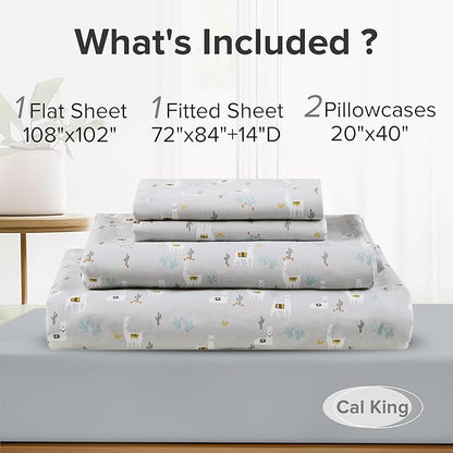 Comfort Spaces 100% Cotton Sheet Set Breathable, Lightweight, Soft with 14" Elastic Pocket Fits up to 16" Mattress, All Season Cozy Bedding, Matching Pillow Case, Cal King Lama Multi 4 Piece