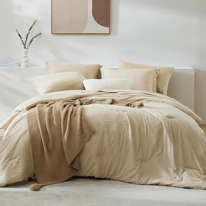 WRENSONGE Super King Size Comforter Set- 7 Pieces Beige Bed in a Bag Super King with Fitted Sheet, Flat Sheet, 2 Pillow Shams, and 2 Pillowcases- Warm Bed Set for All Season