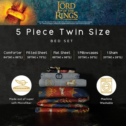 The Lord of the Rings: The War of the Rohirrim 5 Piece Super Soft Cozy Reversible Comforter and Sheet Set with Sham, Twin, (Officially Licensed Product) By Franco