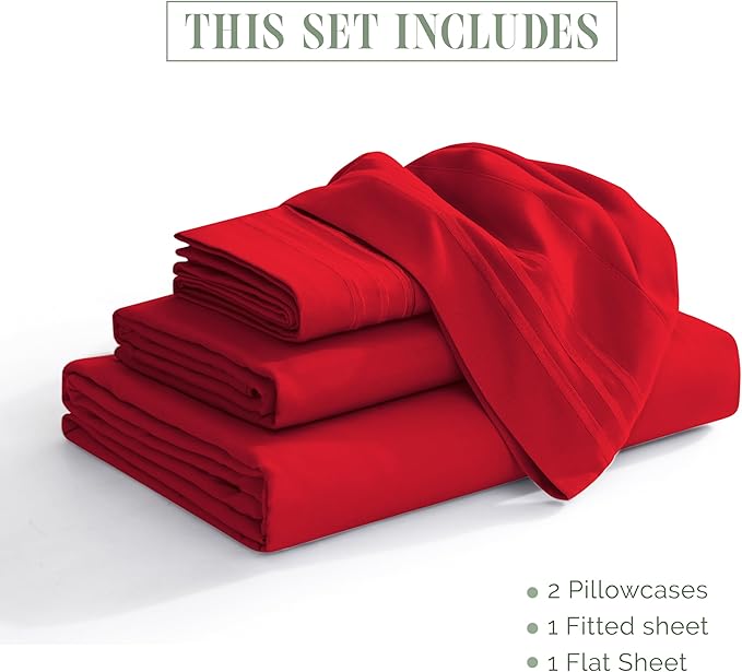 Elegant Comfort Luxurious 1500 Premium Hotel Quality Microfiber Three Line Embroidered Softest 4-Piece Bed Sheet Set, Wrinkle and Fade Resistant, Twin/Twin XL, Red