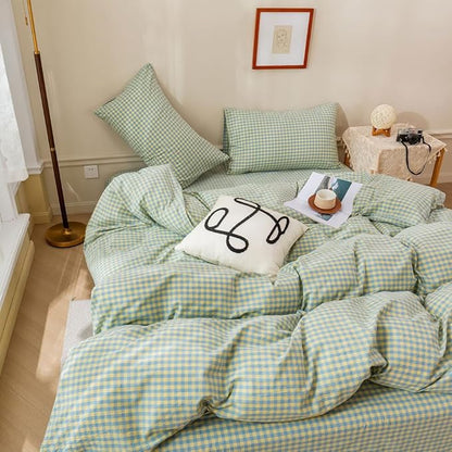 EAVD Blue Yellow Gingham Comforter Set Queen Soft Mini Grid Plaid Checkered Pattern Bedding Set with 2 Pillowcases Modern Farmhouse Gingham Plaid Comforter Set for All-Season