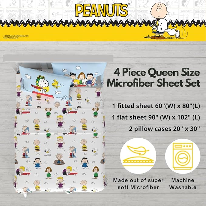 Collectibles Peanuts Snoopy Bedding Super Soft Cozy Microfiber 4 Piece Queen Sheet Set, (Officially Licensed Product) By Franco