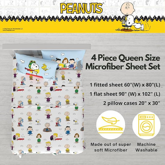 Collectibles Peanuts Snoopy Bedding Super Soft Cozy Microfiber 4 Piece Queen Sheet Set, (Officially Licensed Product) By Franco