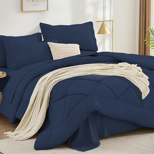 FUANNA 7 Pieces Full Size Comforter Sets, All Season Bedding Sets Full Size, Luxury Soft Bed in a Bag with Comforter, Flat Sheet, Fitted Sheet, Pillowcases & Pillow Shams, Navy Blue