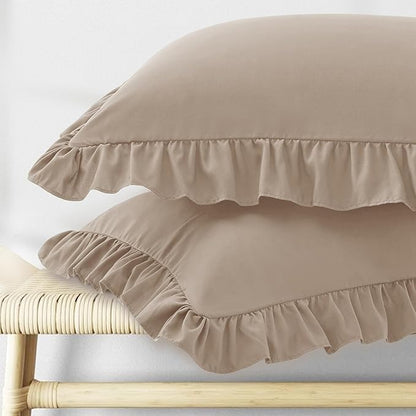 KKJIAF Ruffle Pillow Cases Standard Size Set of 2, Ruffled Pillow Covers with Envelope Closure, Wrinkle Resistant Pillowcases 20" x 26", Ruffled Pillow Shams, Khaki