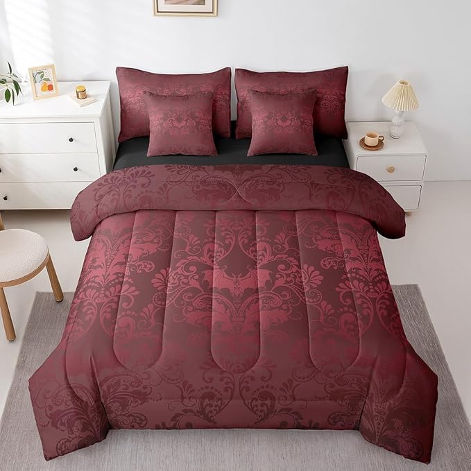 Erosebridal Gothic Damask Bed in a Bag King Size Comforter Set 7 Pieces,Halloween Bat Bedding Sets Red Victorian Floral Goth Sheet Set with Comforter