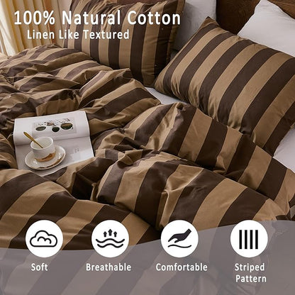 Merryword Brown Striped Duvet Cover Set Queen Size, 100% Natural Cotton Linen Like Duvet Cover Set with Zipper Closure & 8 Corner Ties, Brown Khaki Soft Reversible Bedding for All Seasons
