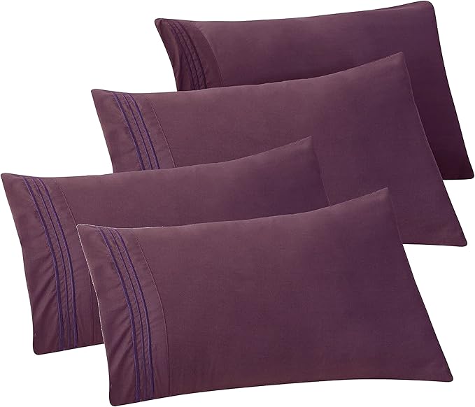 Elegant Comfort 4-PACK Solid Pillowcases 1500 Premium Hotel Quality Microfiber - Smooth Weave, Wrinkle and Stain Resistant, Easy Slip-On, 4-Piece Set, King Pillowcase, Purple