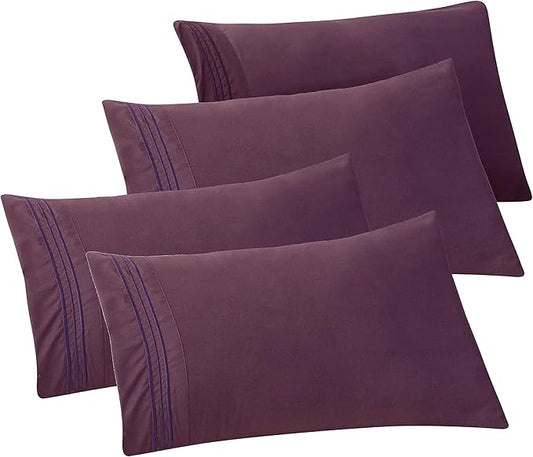 Elegant Comfort 4-PACK Solid Pillowcases 1500 Premium Hotel Quality Microfiber - Smooth Weave, Wrinkle and Stain Resistant, Easy Slip-On, 4-Piece Set, Standard/Queen Pillowcase, Purple