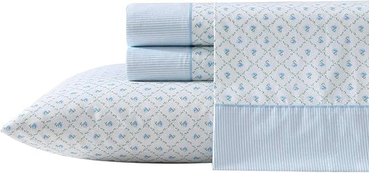 Laura Ashley - Full Sheet Set, Crisp & Cool Cotton Percale Bedding with Deep Pockets, Lightweight for Year Round Comfort, Bed Sheets with Matching Pillowcases (Kate Blue)