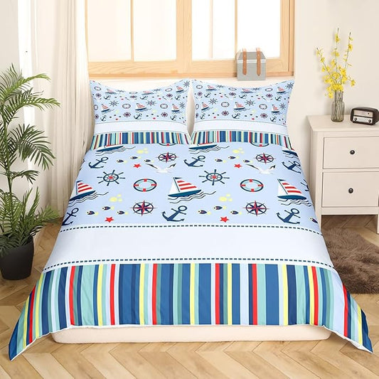 Castle Fairy Nautical Anchor Bedding Set Ocean Fish Seagull Blue Duvet Cover Set Outdoor Adventure Comforter Cover Red Blue Stripes Bedroom Quilt Cover King with 2 Pillowcase,No Comforter