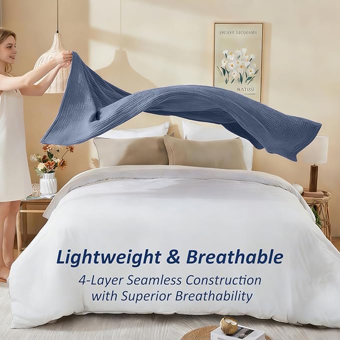 EMME Cotton Muslin Twin Blanket Breathable Gauze Soft Lightweight Adults Gifts for Women (Heather Navy, 60"x80")