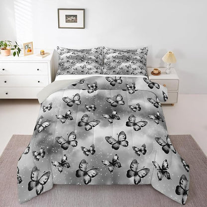 Erosebridal Butterfly Bedding Sets King - Dreamy Coquette Comforter Set for Kids Adults Watercolor Gradient Grey Butterfly Duvet Insert Galaxy Stars Print Quilt