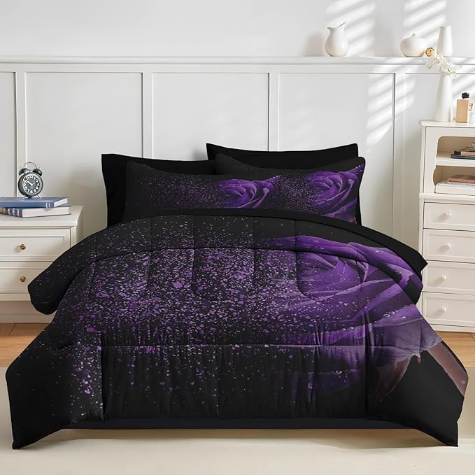 Nesker Comforter Set Queen Size, Purple Rose 7 Pcs Bedding for Kids and Adults, Fantasy Dream Flower Bed Sheet Sets with Fitted Sheet 2 Pillowcases & 2 Shams