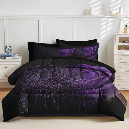 Nesker Comforter Set Queen Size, Purple Rose 7 Pcs Bedding for Kids and Adults, Fantasy Dream Flower Bed Sheet Sets with Fitted Sheet 2 Pillowcases & 2 Shams