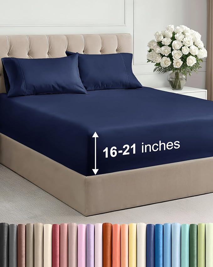 Extra Deep Pocket King Size Sheet Set - 4 Piece Breathable & Cooling Bed Sheets - Hotel Luxury Bedding with 16 to 21 inch Extra Deep Pockets - Soft, Fade and Wrinkle Resistant - Oeko-Tex - Navy Blue