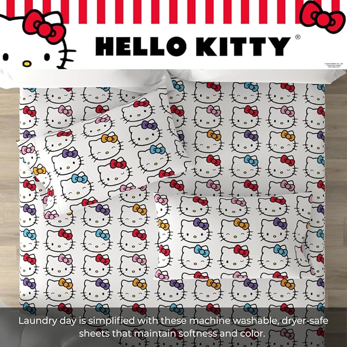 Collectibles Hello Kitty Bows Bedding Super Soft Cozy Microfiber 4 Piece Queen Sheet Set, (Officially Licensed Product) By Franco