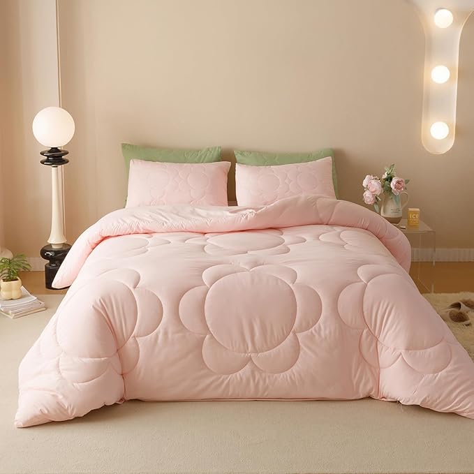 Luxlovery Pink Sunflower Comforter Set Full Light Pink Quilts Blush Pink Bedding Comforter Set Boho Farmhouse Plain Color Soft Breathable Cozy Comforter Women Girls
