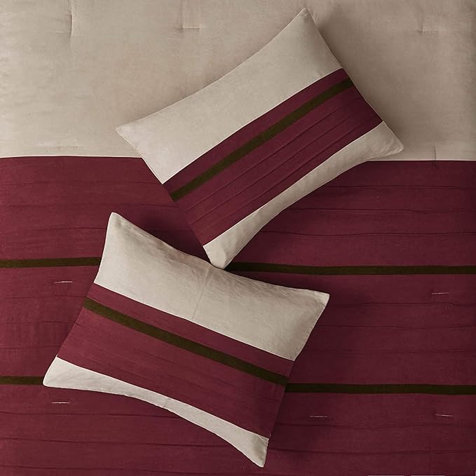 Madison Park Cozy Comforter Set-Luxury Faux Suede Design, Striped Accent, All Season Down Alternative Bedding, Matching Shams, Decorative Pillow, Red, California King (104 in x 92 in)