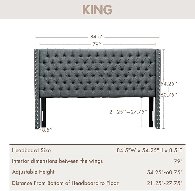 Madison Park King Wingback Upholstered Tufted Headboard, Featuring High-Density Sponge Padding, Adjustable Height Headboard, Easy Assembly, Dark Grey Woven
