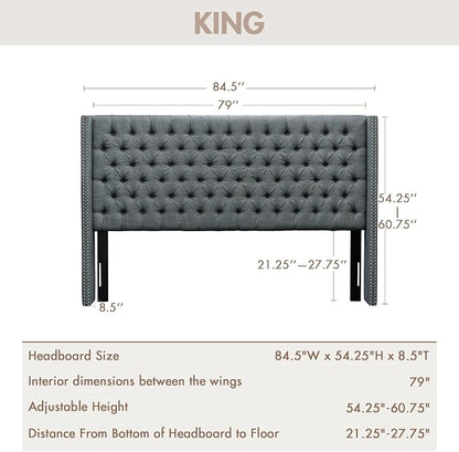 Madison Park King Wingback Upholstered Tufted Headboard, Featuring High-Density Sponge Padding, Adjustable Height Headboard, Easy Assembly, Dark Grey Woven