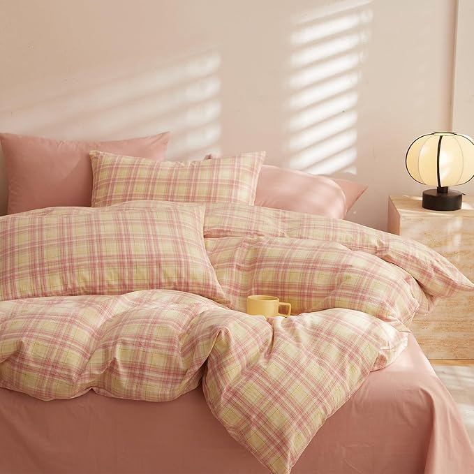 EAVD Vintage Gingham Comforter Set Full Soft 100% Washed Cotton 3-Piece Pink Yellow Grid Plaid Checkered Pattern Bedding Set with 2 Pillowcases Retro Reversible Geometric Comforter Set for All-Season