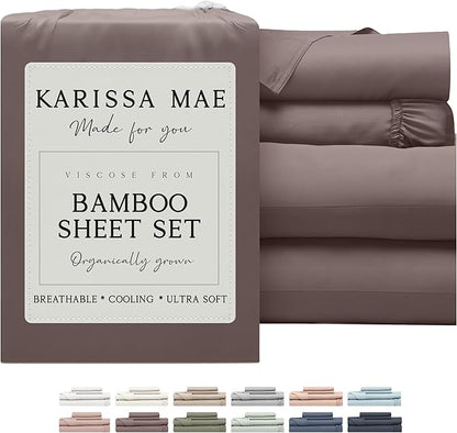 KARISSA MAE Cooling Bamboo Viscose Queen Sheet Set | 100% FSC Certified | 18” Deep Pocket | Silky, Soft, & Hypoallergenic | with Organizer Band & Elastic Corner Straps [Mocha]