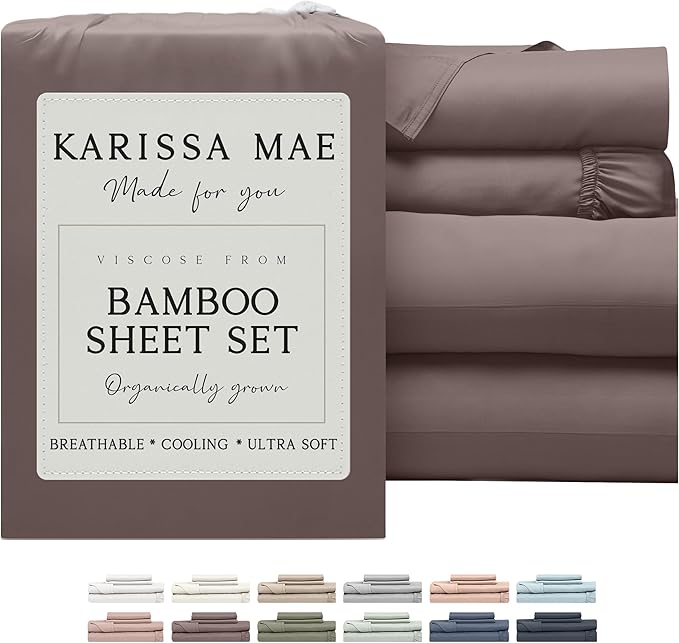 KARISSA MAE Cooling Bamboo Viscose King Size Sheet Set | 100% FSC Certified | 18” Deep Pocket | Silky, Soft, & Hypoallergenic | with Organizer Band & Elastic Corner Straps [Mocha]