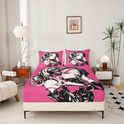 Pink Anime Girls Bedding Set Cartoon Japanes-Style Fitted Sheet Full, Graffiti Street Culture Bed Sheets for Kids Teens Youth Watercolor Hippie Style Sheets 3Pcs, No Top Sheet