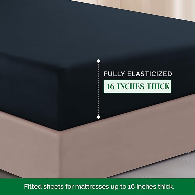 Elegant Comfort Luxurious 1500 Premium Hotel Quality Microfiber Three Line Embroidered Softest 4-Piece Bed Sheet Set, Wrinkle and Fade Resistant, Full, Black