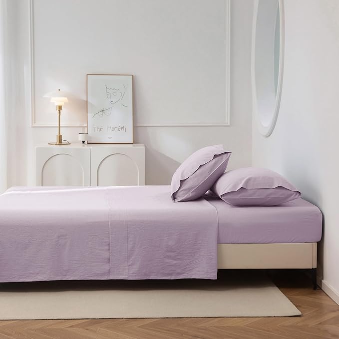 JIYUAN King Size Sheet Set, 4-Piece - 100% Washed Cotton, Linen-Like Soft & Breathable, Includes Deep Pocket Fitted & Flat Sheet with 2 Pillowcases, Hotel Quality, Heathered Light Purple