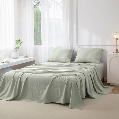 JIYUAN Twin Size Sheet Set, 3-Piece - 100% Washed Cotton, Linen-Like Soft & Breathable, Includes Deep Pocket Fitted & Flat Sheet with 1 Pillowcases, Hotel Quality, Heathered Sage Green