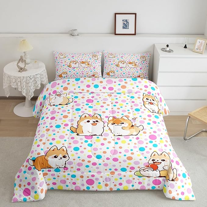 Castle Fairy Kawaii Dogs Comforter Set King,Colorful Polka Dots Bedding Set for Boys Girls Teens Bedroom Decor,Cartoon Puppies Cute Pet Theme Quilt Set Super Soft Duvet Set,Gift for Her Him