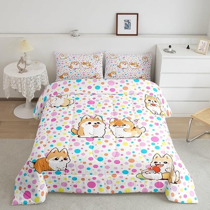 Castle Fairy Kawaii Dogs Bedding Set for Boys Girls,Colorful Polka Dots All Season Cozy Comforter Set Full Size,Cartoon Puppies Cute Pet Theme Duvet Set Bedroom Décor,Gift for Kids