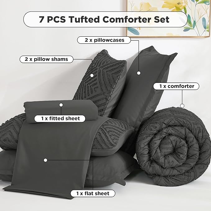 Andency California King Comforter Set Dark Grey - 7 Pieces Bed in a Bag Cal King Bedding Comforter Sets, Tufted Lightweight Fluffy Bed Set with Comforter, Sheets, Pillowcases & Shams