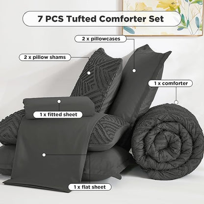 Andency California King Comforter Set Dark Grey - 7 Pieces Bed in a Bag Cal King Bedding Comforter Sets, Tufted Lightweight Fluffy Bed Set with Comforter, Sheets, Pillowcases & Shams